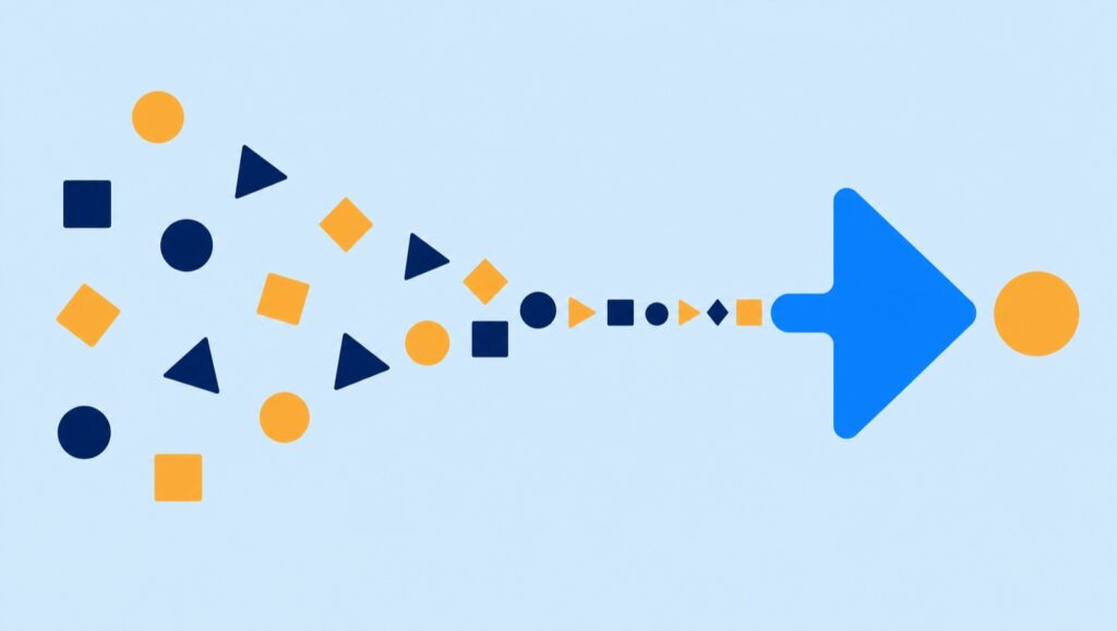 Flat illustration of scattered geometric shapes converging into a single arrow, representing scattered attention becoming focused