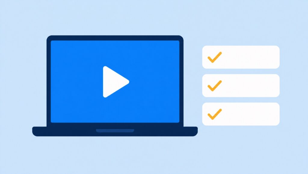 Flat illustration of a laptop showing a play symbol beside a three item checklist, representing an online course